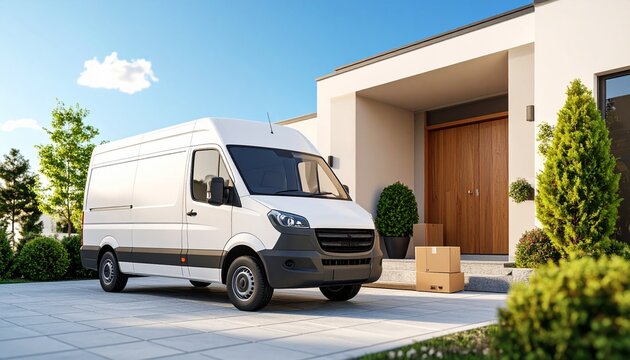 Delivery Van in front of the house: A clean and modern delivery van is parked in front of a contemporary house, with a couple of packages near the front door.