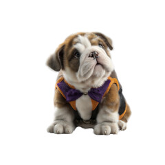 Adorable Bulldog Puppy in Bow Tie Vest, Looking Up