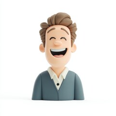Cheerful Cartoon Man with Brown Hair and Blue Suit on White Background