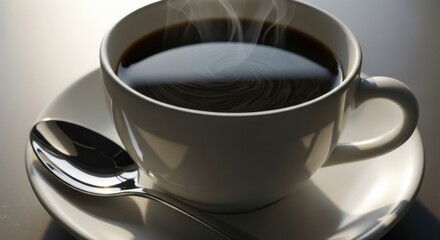 A Steaming Cup of Black Coffee on a Saucer with a Spoon