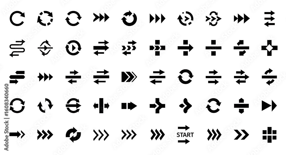 Poster a large collection of simple, black and white arrow icons pointing in various directions for web and