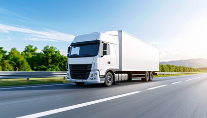 Journey's End: A clean, white semi-truck streaks along a wide open highway under a vibrant, azure sky, embodying the spirit of transport.