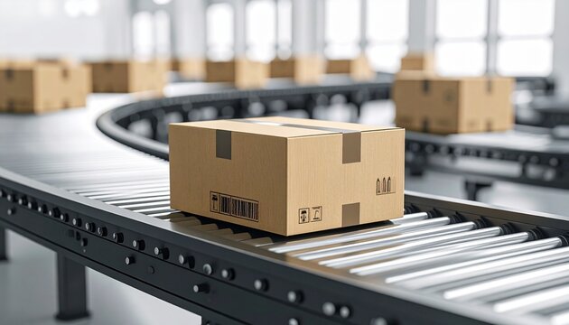 Box Conveyor Belt: Cardboard boxes steadily move along an automated conveyor belt. Showcasing streamlined processes and efficiency in a modern logistics setting. 