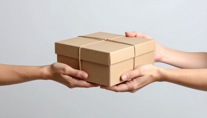 Hands exchanging parcel: A simple yet elegant composition of hands exchanging a brown cardboard box, symbolizing transfer and delivery. Focus on the act of giving and receiving.