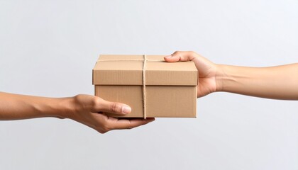 Package Delivery: A person's hand confidently passes a wrapped cardboard box to another. The gesture symbolizes the seamless transfer of goods.