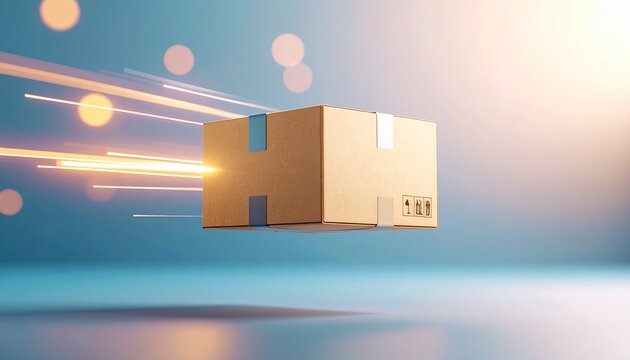 Delivering Excellence: A cardboard box streaks through a vibrant atmosphere, embodying speed and efficiency in product delivery. 