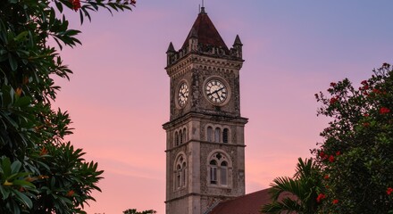 A tall clock tower at sunset, framed by foliage