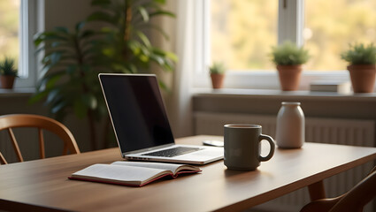 home office or study setup with a laptop, notebook, and coffee mug on a wooden table