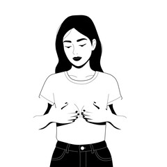 Black and white outline vector of a woman performing breast self-exam. Minimalist style suitable for health education, awareness campaigns, and infographics