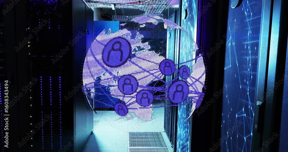 Poster receiving network request, violet 3d globe rotating while projecting user nodes connecting globally