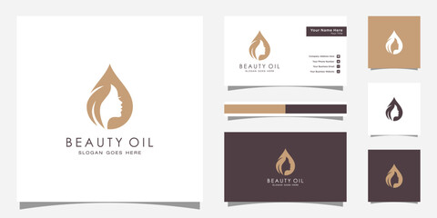 woman beauty oil logo design with woman face and olive oil design template and business card