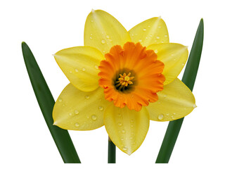 Close up of a yellow and orange daffodil flower with water droplets isolated on transparent background © Creative Design