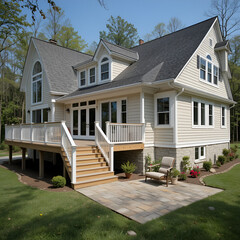 Countryside house exterior with walkout deck and small patio are