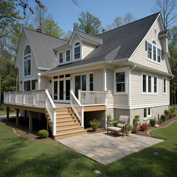Countryside house exterior with walkout deck and small patio are