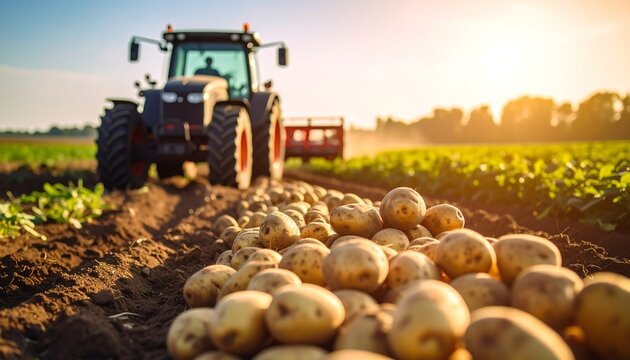 Tractor harvesting potatoes in field (1)