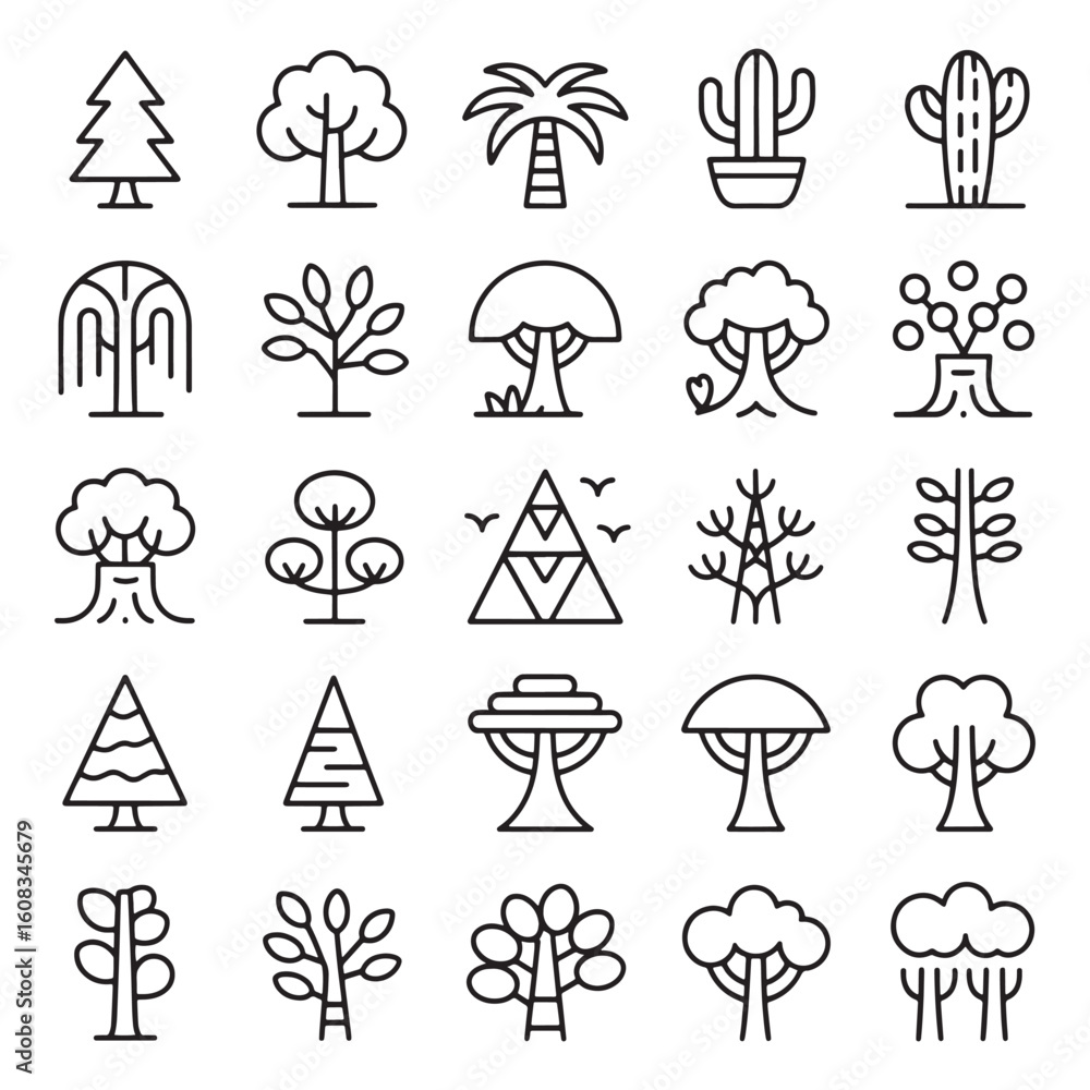 Poster a diverse collection of tree and nature icons showcasing simplicity and variety in botanical represe