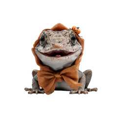 Adorable Crested Gecko in Halloween Costume Smiling Reptile with Orange Bow Tie and Pumpkin