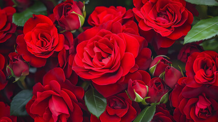 Obraz premium Um buquê de rosas vermelhas. As rosas estão em plena floração, com suas pétalas firmemente curvadas e dispostas em camadas, criando uma aparência rica e vibrante. Entre as rosas, há algumas folhas ver
