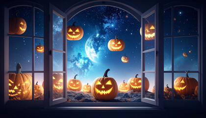 Zero Gravity Pumpkins Floating in Dark Space. Hallowen Concept. Generated Image