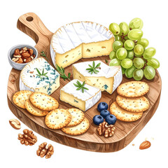 Watercolor Illustration of a Gourmet Cheese Platter with Camembert and Blue Cheese,clipart, cut out, no background ,PNG die-cut for advertising