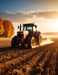 Obraz premium Tractor plowing field at sunset (3)