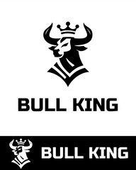 Powerful and regal bull logo with a crown in flat and minimalist style, symbolizing strength, leadership, and dominance