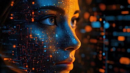 Futuristic woman face with circuit board pattern showcasing advanced technology and ai integration - Powered by Adobe