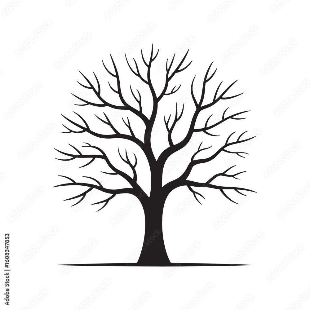 Poster silhouette of a bare tree with intricate branching structure against a clean white background depict