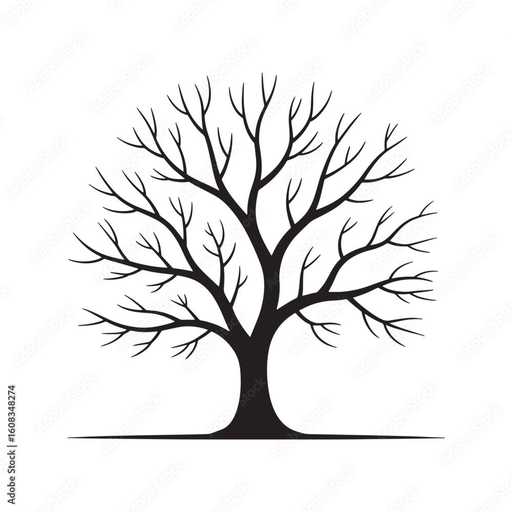 Poster silhouette of a bare tree with intricate branch patterns against a white background, evoking simplic