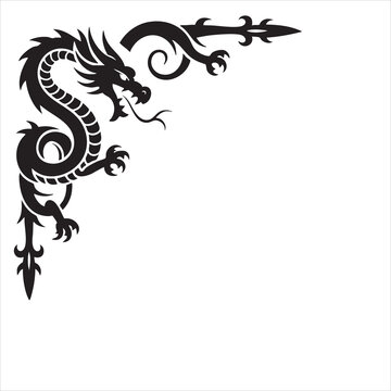 Intricate black dragon design forming an ornate corner flourish on a white background