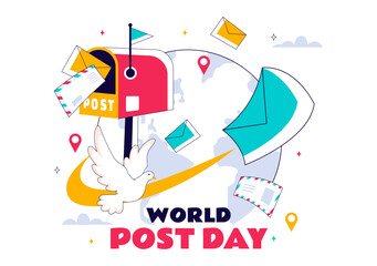 World Post Day Vector Illustration on October 9, Featuring a Red Mailbox Receiving Mail, Letters, and Parcels in a Flat Style Cartoon Background