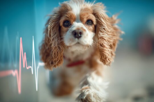 Holographic dashboard tracks dog's vital signs on beach. Summer play. Warm weather pet care: avoiding common summer dog health problems. Vet advice. Hydration tips. - Powered by Adobe