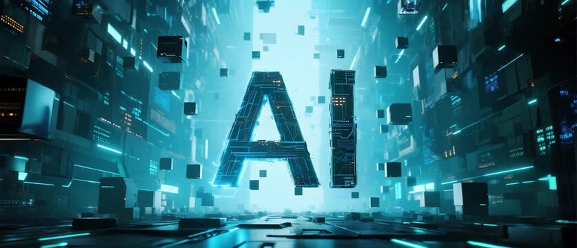 Illuminated Text 'AI' in a Futuristic Server Room, Representing Advanced Computing and Machine Learning Development