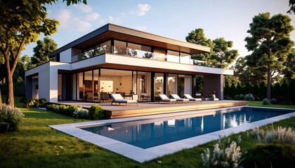 Modern house with pool and patio.  Spacious contemporary home with large windows overlooking a tranquil backyard with a pool