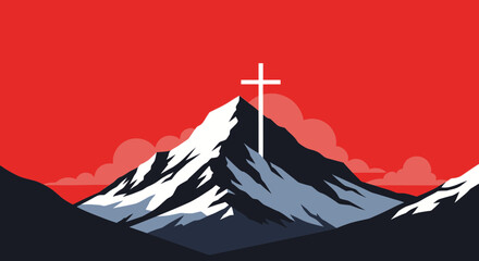 Mountain Peak with Christian Cross Symbol Against Red Sky