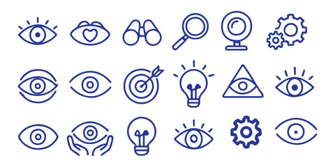 Eye vision icon vector set. Containing telescope, magnifier, search, eyesight, webcam, cctv camera, binocular, no, light bulb, core value, accuracy target, visible, invisible, blind, find setting