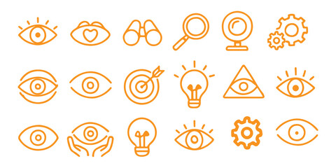 Eye vision icon vector set. Containing telescope, magnifier, search, eyesight, webcam, cctv camera, binocular, no, light bulb, core value, accuracy target, visible, invisible, blind, find setting