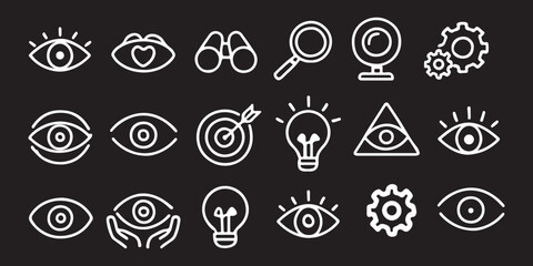 Eye vision icon vector set. Containing telescope, magnifier, search, eyesight, webcam, cctv camera, binocular, no, light bulb, core value, accuracy target, visible, invisible, blind, find setting
