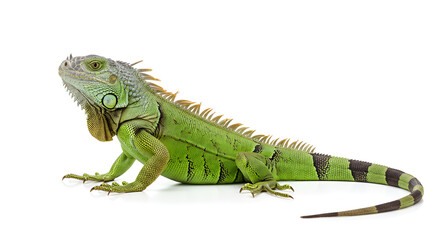 Fototapeta premium A green iguana resting on a clean white background. The reptile's vivid scales and detailed texture are clearly visible in this studio shot.