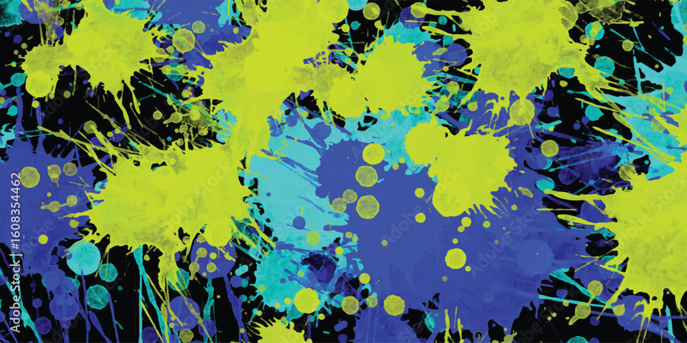 Poster abstract artistic splatter background with a combination of teal blue and yellow color splashes on a