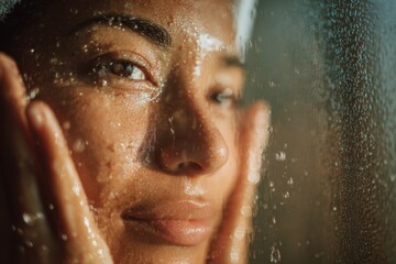 Refreshing skincare routine bathroom portrait intimate close-up self-care concept