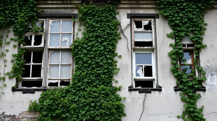 dilapidated building with broken windows and overgrown ivy, showcasing urban decay and nature reclamation. structure reflects sense of abandonment and history