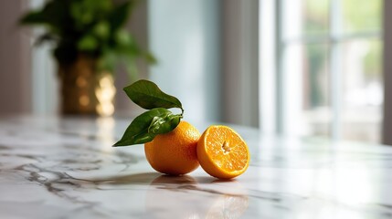 A lemon with green leaves, a halved orange beside it, on a white marble countertop illuminated by natural light, creating freshness and vitality.