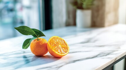 A lemon with green leaves, a halved orange beside it, on a white marble countertop illuminated by natural light, creating freshness and vitality.
