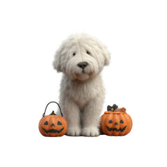 Adorable Fluffy White Dog with Halloween Pumpkins
