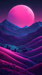 Modern vertical artwork with a soft pink crescent moon and vibrant gradient sky, featuring pointillism hills; ideal for posters, web UI, album art, or wellness branding.