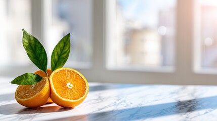 A lemon with green leaves, a halved orange beside it, on a white marble countertop illuminated by natural light, creating freshness and vitality.