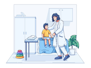 pediatrician Illustration. conducting a health check on a young child seated on an exam table in the medical office. The pediatrician interacts with the child in a professional and caring manner