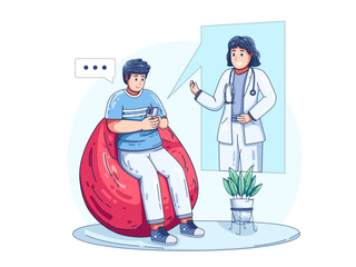 Illustration of a telemedicine consultation where a person is comfortably seated on a red bean bag chair at home, speaking with a doctor through a smartphone screen. 
accessibility digital healthcare