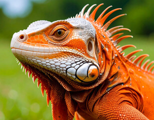 Fototapeta premium Vivid Iguana Observing Nature Tropical Habitat Wildlife Photography Lush Greenery Close-Up Iguana's Colorful Features